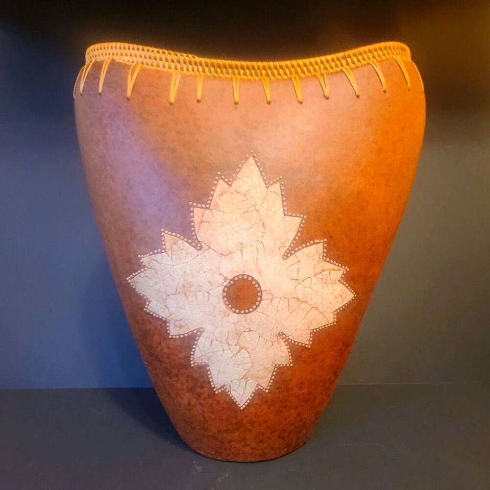 14" Handmade Tamarind Krotok Indonesia Oblong Pottery Clay Vase "Ate" Woven‎ Rim